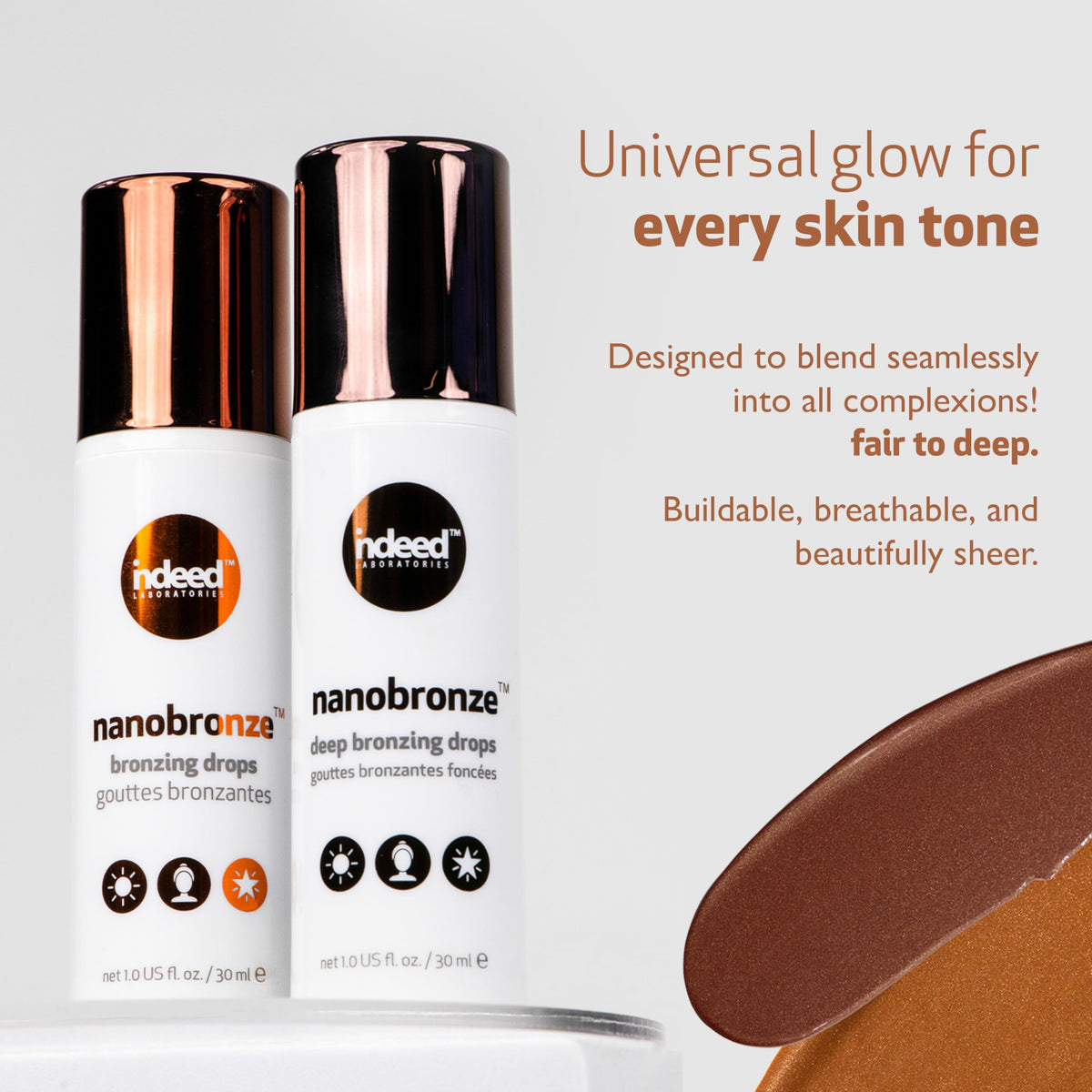 Indeed Nanobronze bottle-front emphasizes fragrance-free packaging.