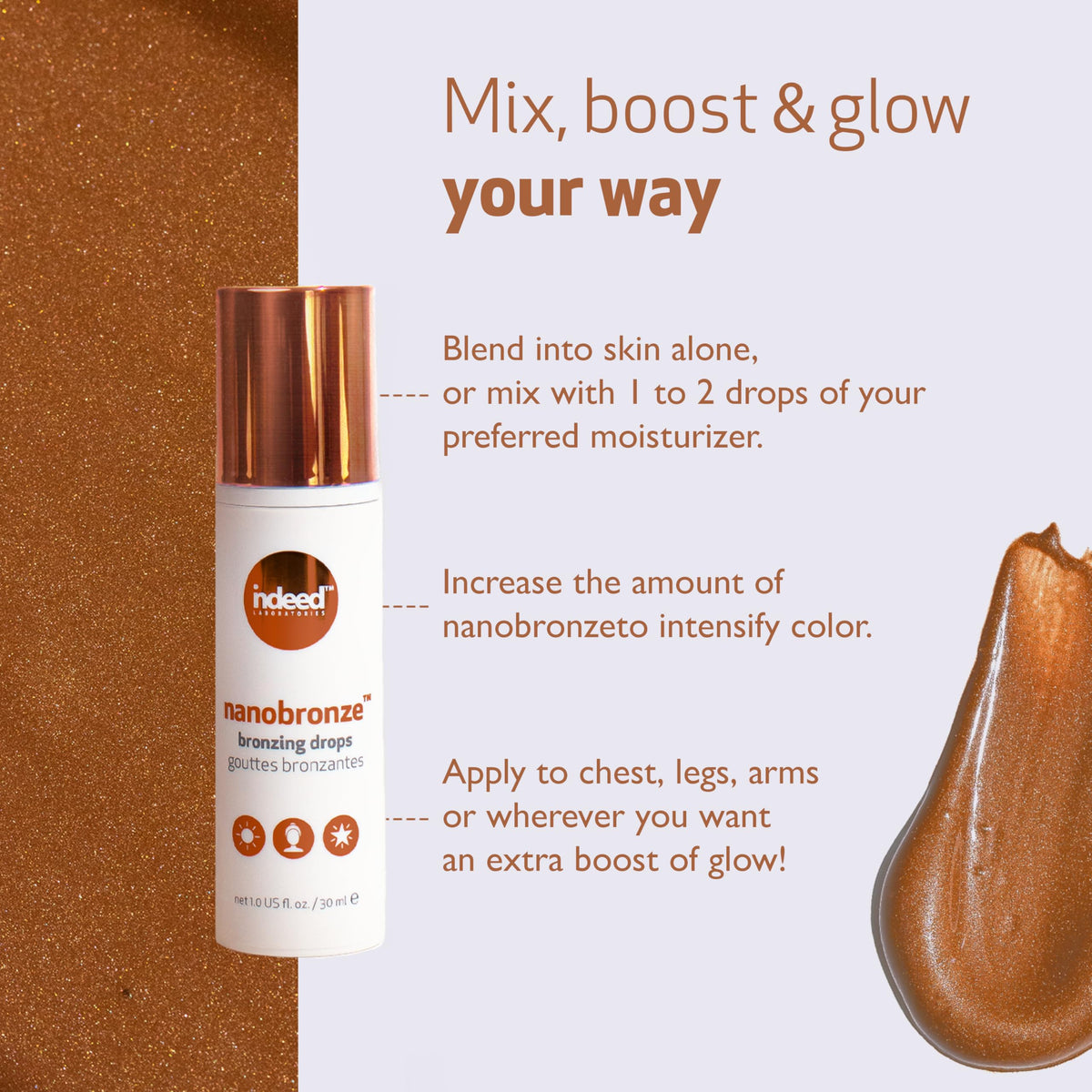 Indeed Nanobronze legs-application reveals targeted glow.