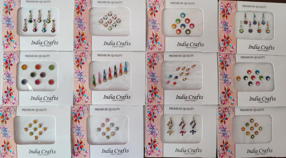 India Crafts 12-pack bindi collection: vibrant multi designs for festive looks