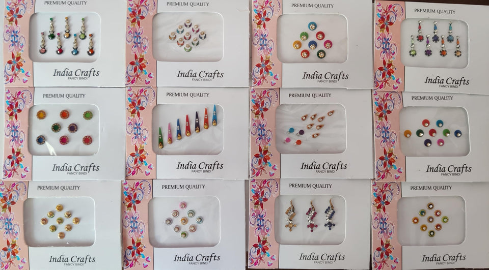 India Crafts 12-pack bindi collection: vibrant multi designs for festive looks