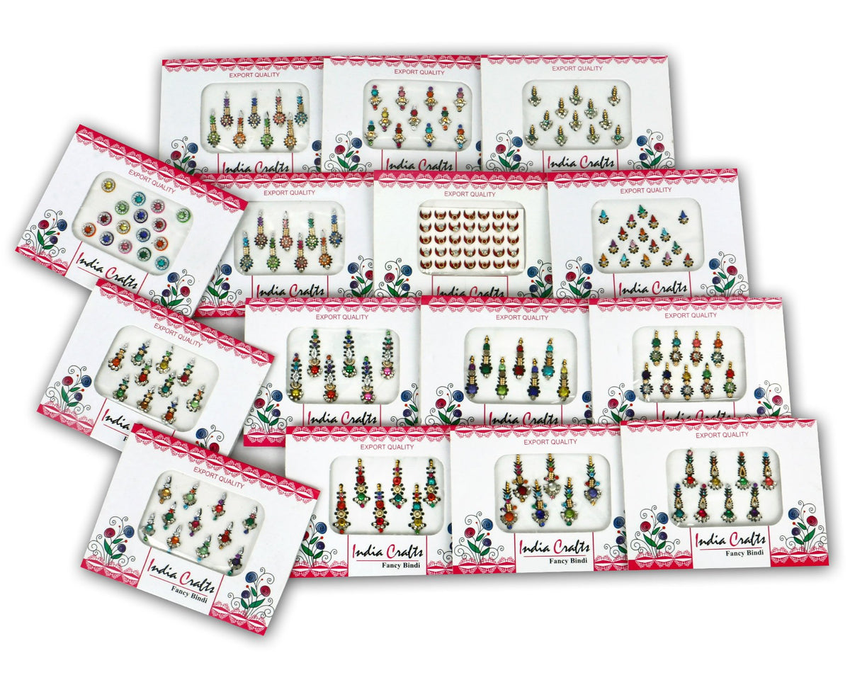 India Crafts 12-pack bindis with crystal designs for forehead decoration.