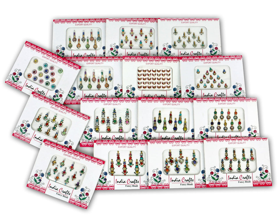 India Crafts 12-pack bindis with crystal designs for forehead decoration.