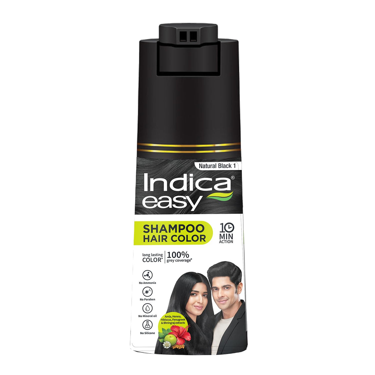 Indica Easy Shampoo bottle with natural black colour for simple application