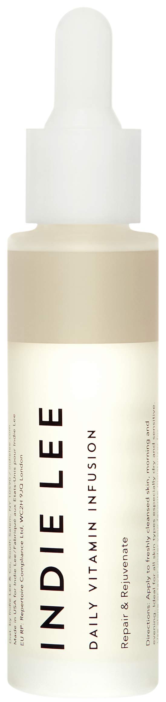 Indie Lee Daily Vitamin Infusion bottle closeup for daily hydration.