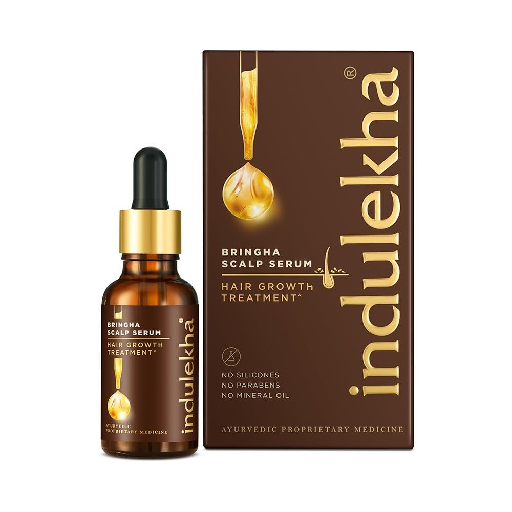 INDULEKHA Bringha scalp serum bottle showcasing nourishing formula for healthier-looking hair