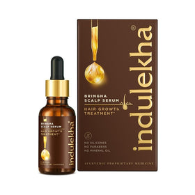 INDULEKHA Bringha scalp serum bottle showcasing nourishing formula for healthier-looking hair