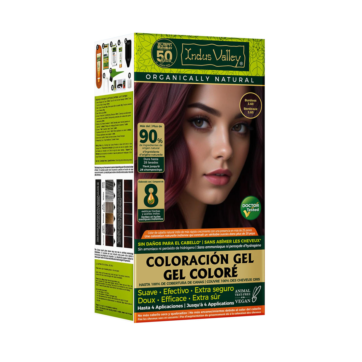 INDUS VALLEY Burgundy 3.6 gel color pack shows vegan, ammonia-free formula
