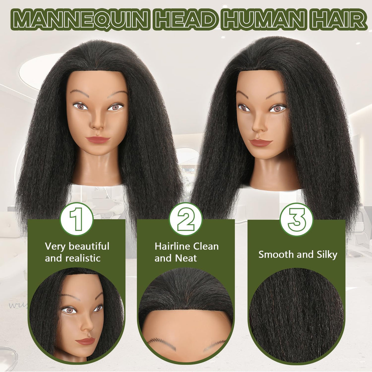 Ineffable mannequin head featuring real hair with a soft, realistic texture.
