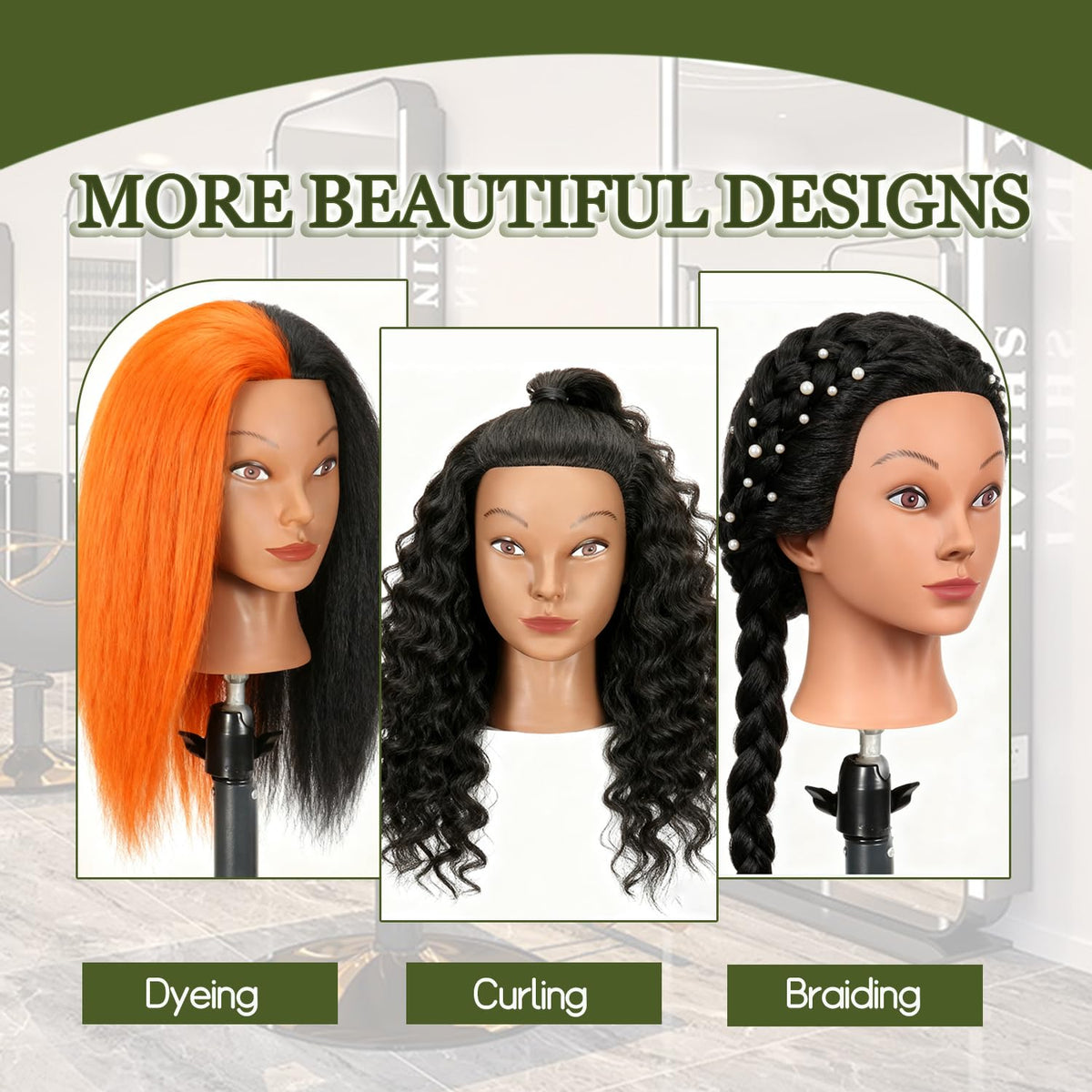 Ineffable odorless hair head suitable for quiet, hygienic practice sessions.