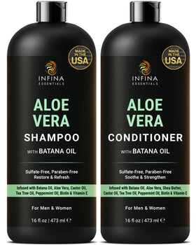 Infina Essentials Aloe Vera Shampoo bottle showing refreshing hydration for dry scalp