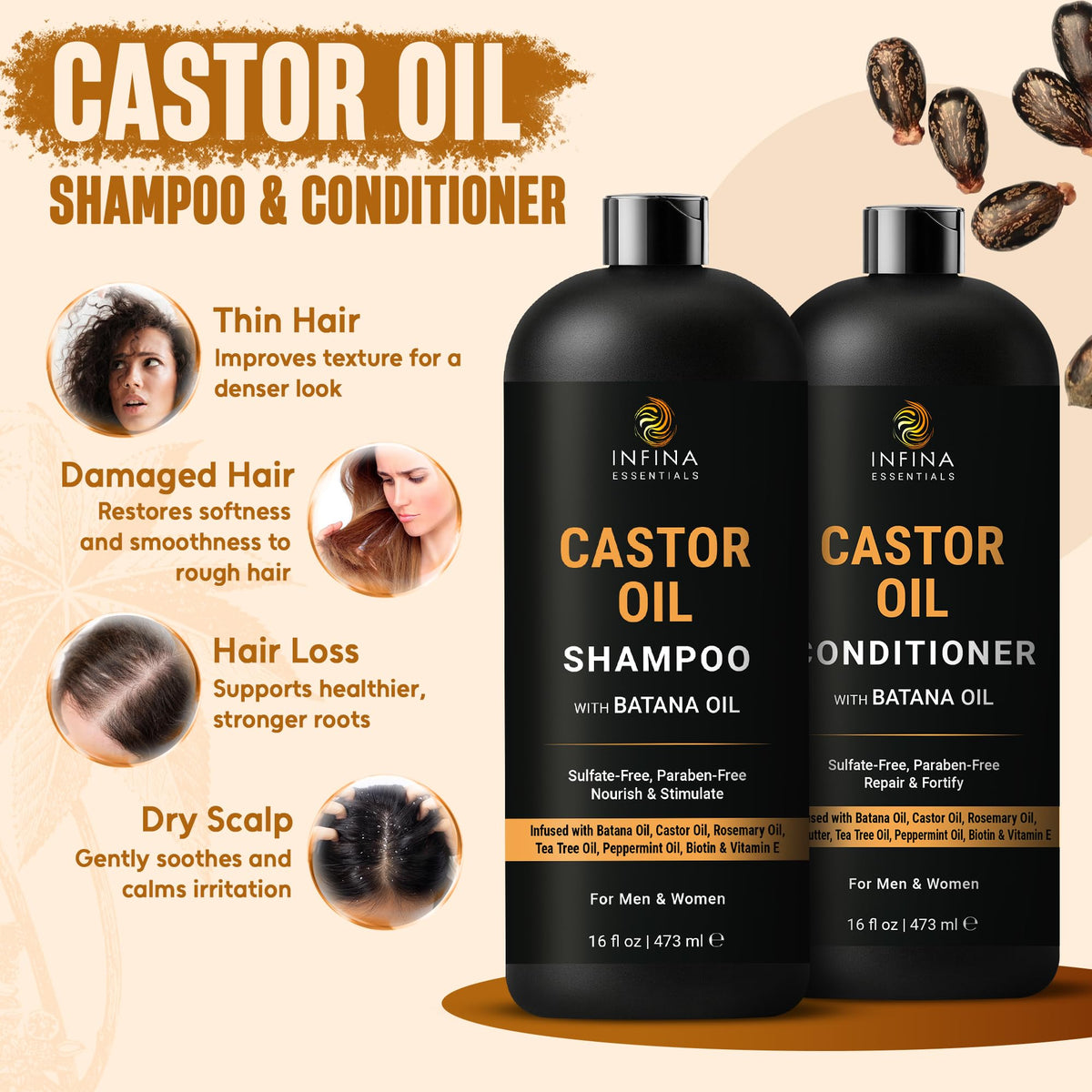 INFINA ESSENTIALS Batana Oil Conditioner bottle for silky, manageable hair.
