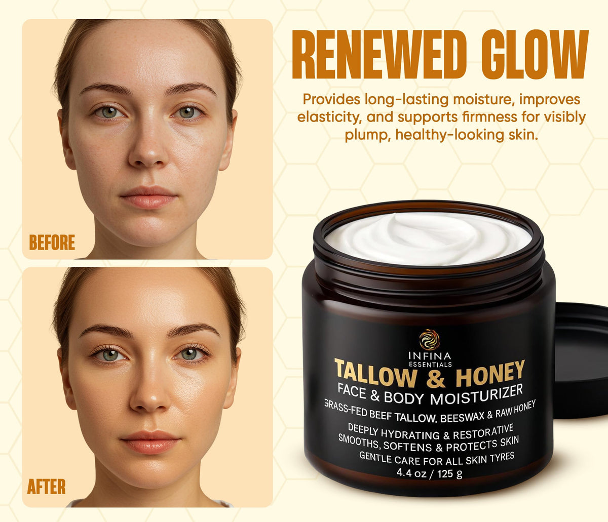 Elbows and knees hydrated with INFINA ESSENTIALS beef tallow balm