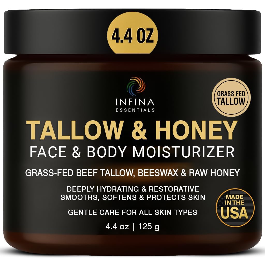 INFINA ESSENTIALS Beef Tallow Face Cream jar demonstrates rich hydration for dry skin