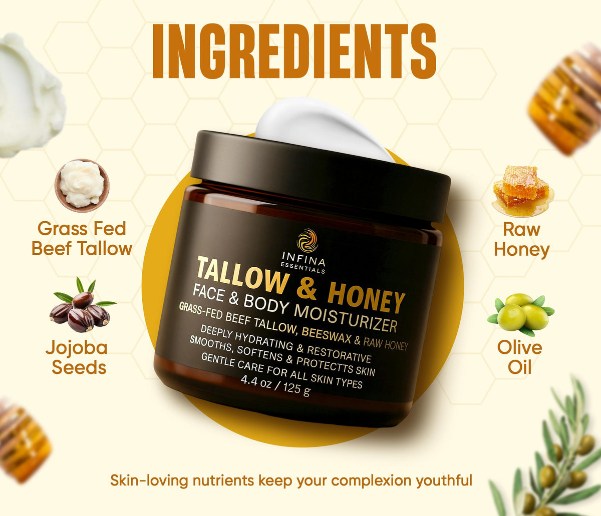 Hands applying INFINA ESSENTIALS beef tallow moisturizer for dry skin
