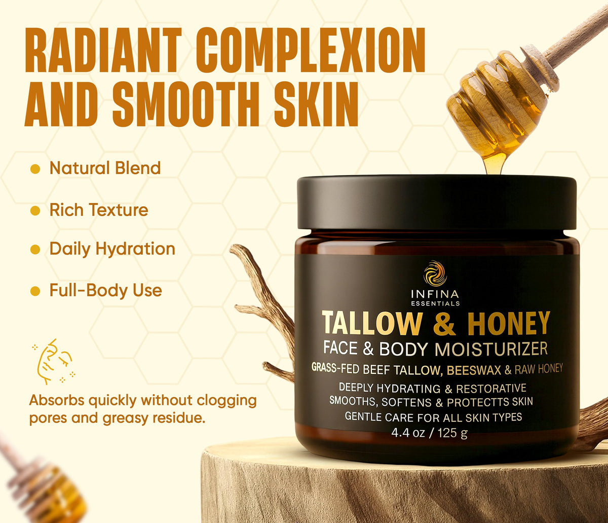 Infina Essentials Beef Tallow with honey and olive oil highlights nourishing ingredients