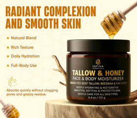 Infina Essentials Beef Tallow with honey and olive oil highlights nourishing ingredients