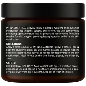 Brand-focused packaging image for INFINA ESSENTIALS beef tallow moisturizer