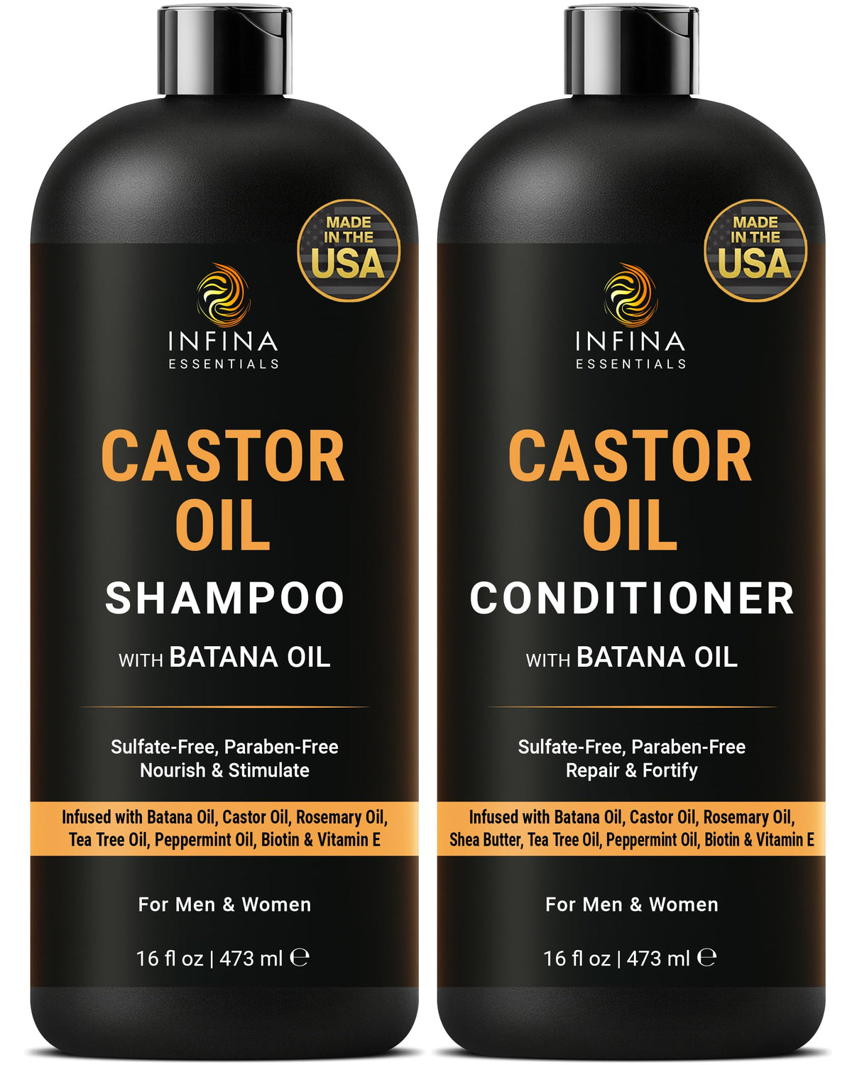 INFINA ESSENTIALS Castor Oil Shampoo bottle for balanced scalp and fuller-looking hair.
