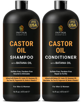 INFINA ESSENTIALS Castor Oil Shampoo bottle for balanced scalp and fuller-looking hair.