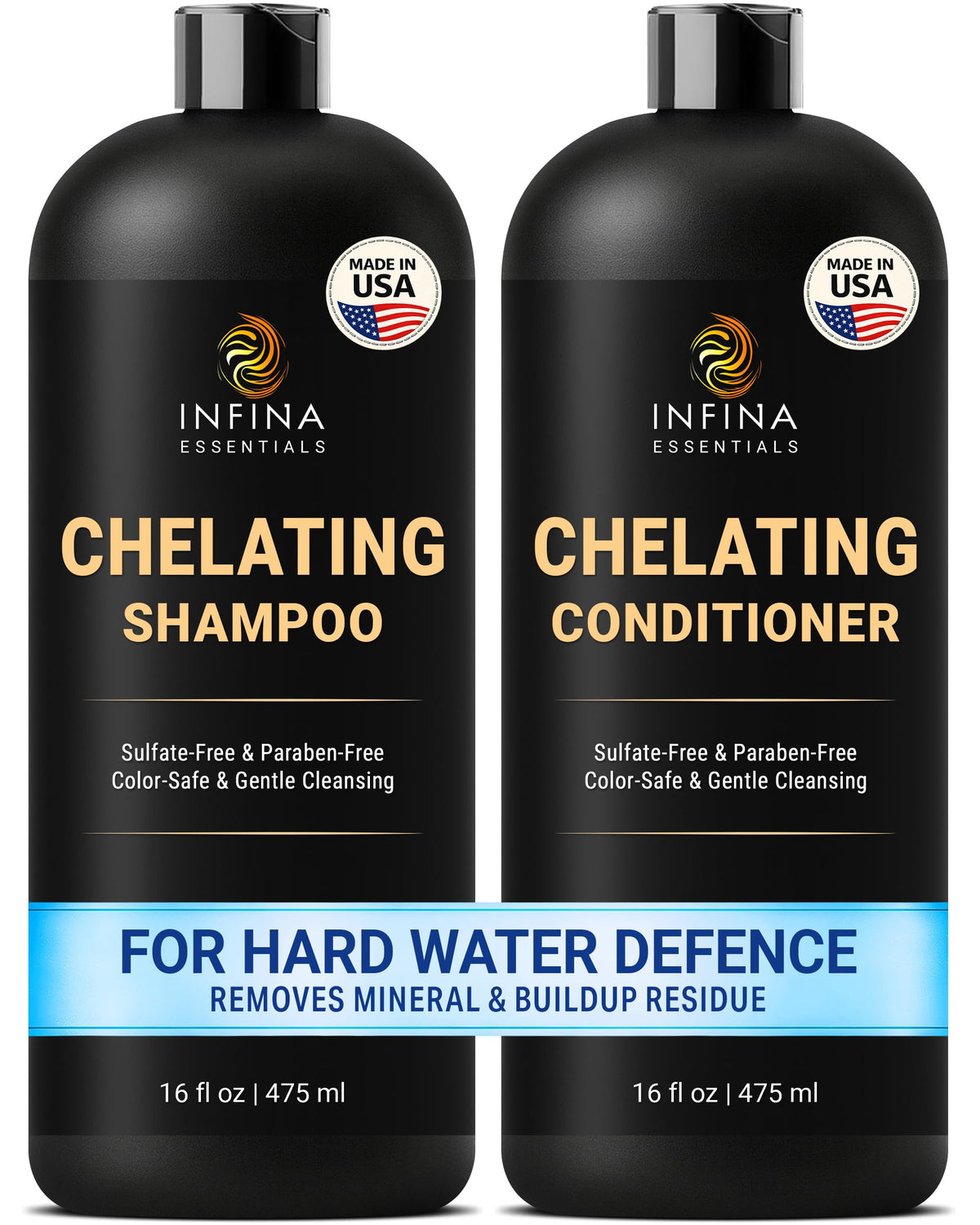 Infina Essentials Chelating Shampoo bottle removes mineral deposits for refreshed, clarified hair.