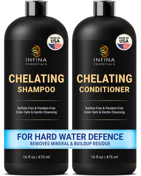 Infina Essentials Chelating Shampoo bottle removes mineral deposits for refreshed, clarified hair.