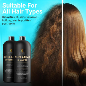 Infina Essentials Chelating Shampoo emphasizes deep cleansing for mineral-rich water.