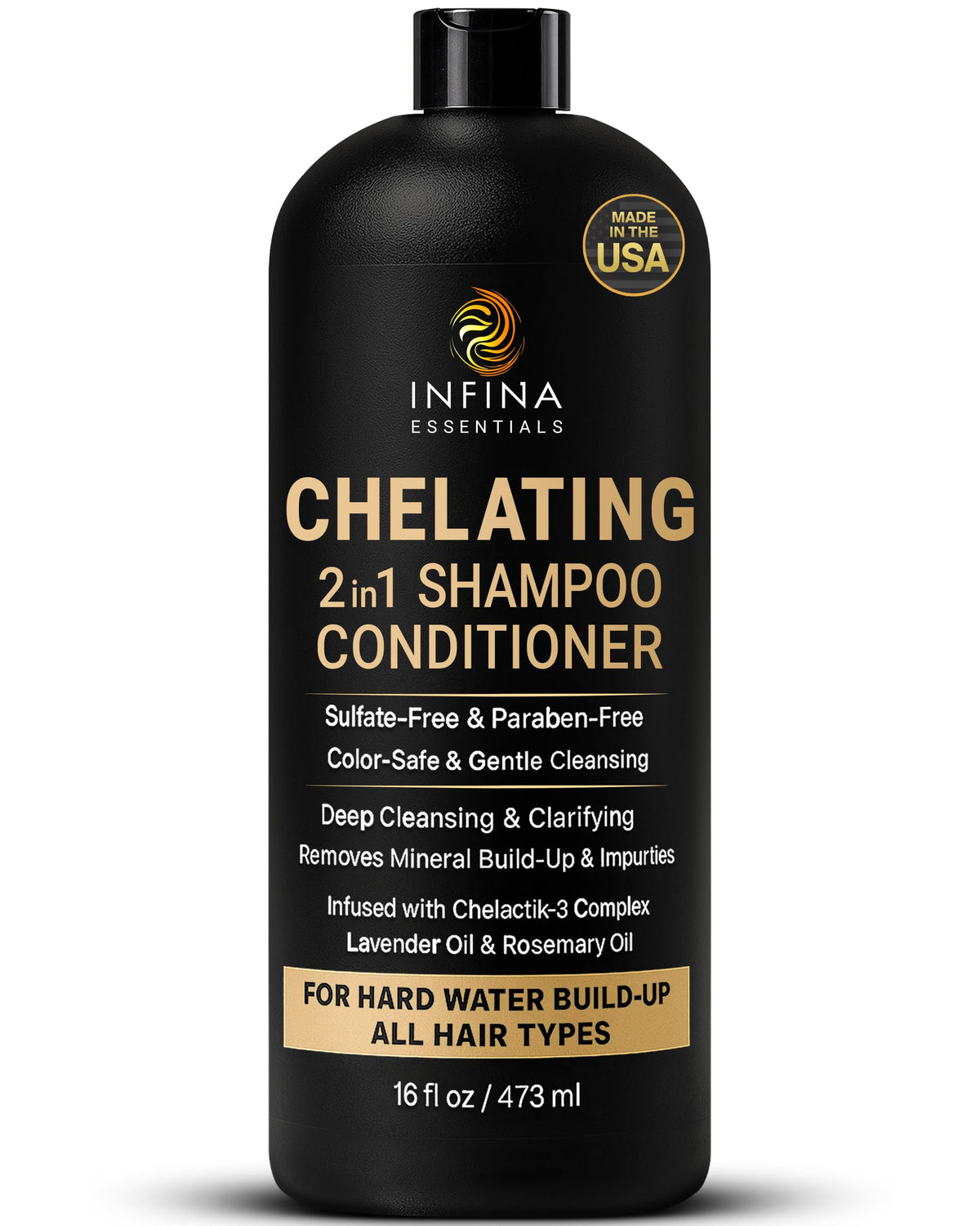 Infina Essentials hard water shampoo bottle highlighting mineral buildup removal for cleaner hair