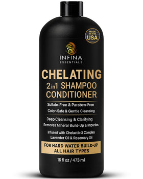 Infina Essentials hard water shampoo bottle highlighting mineral buildup removal for cleaner hair