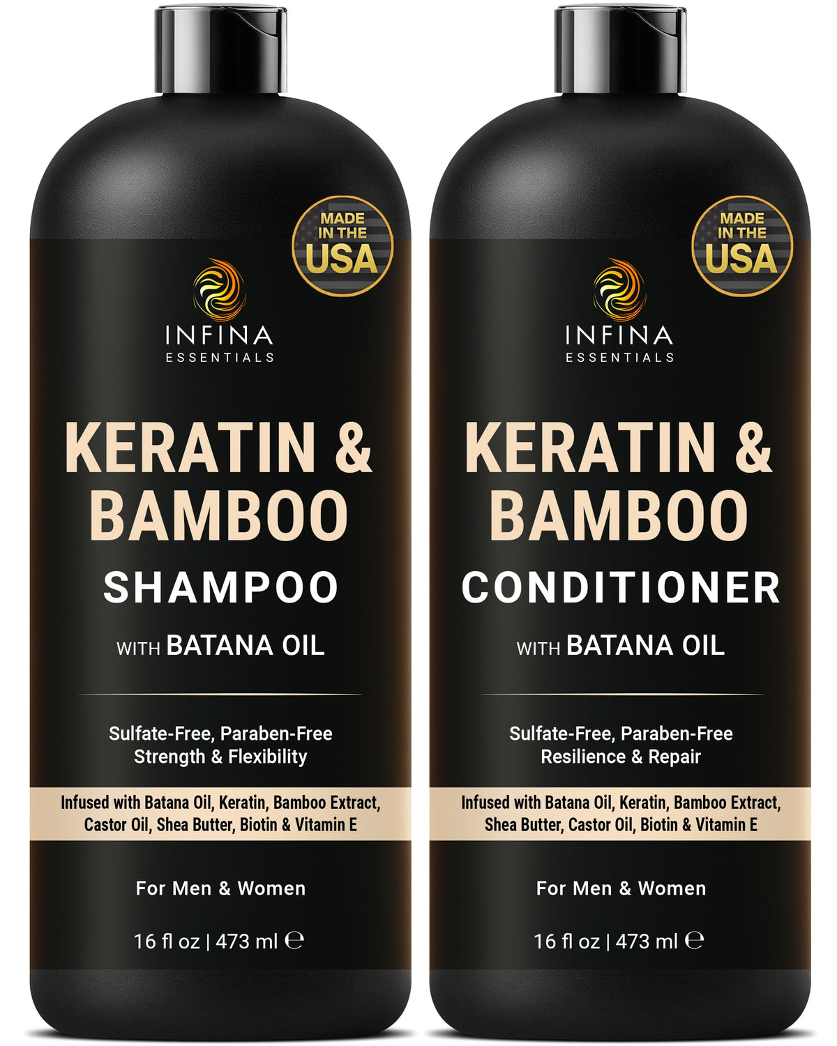 Infina Essentials Keratin Shampoo bottle front showing frizz-control formula for smoother hair.