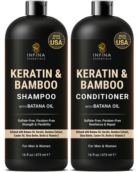 Infina Essentials Keratin Shampoo bottle front showing frizz-control formula for smoother hair.