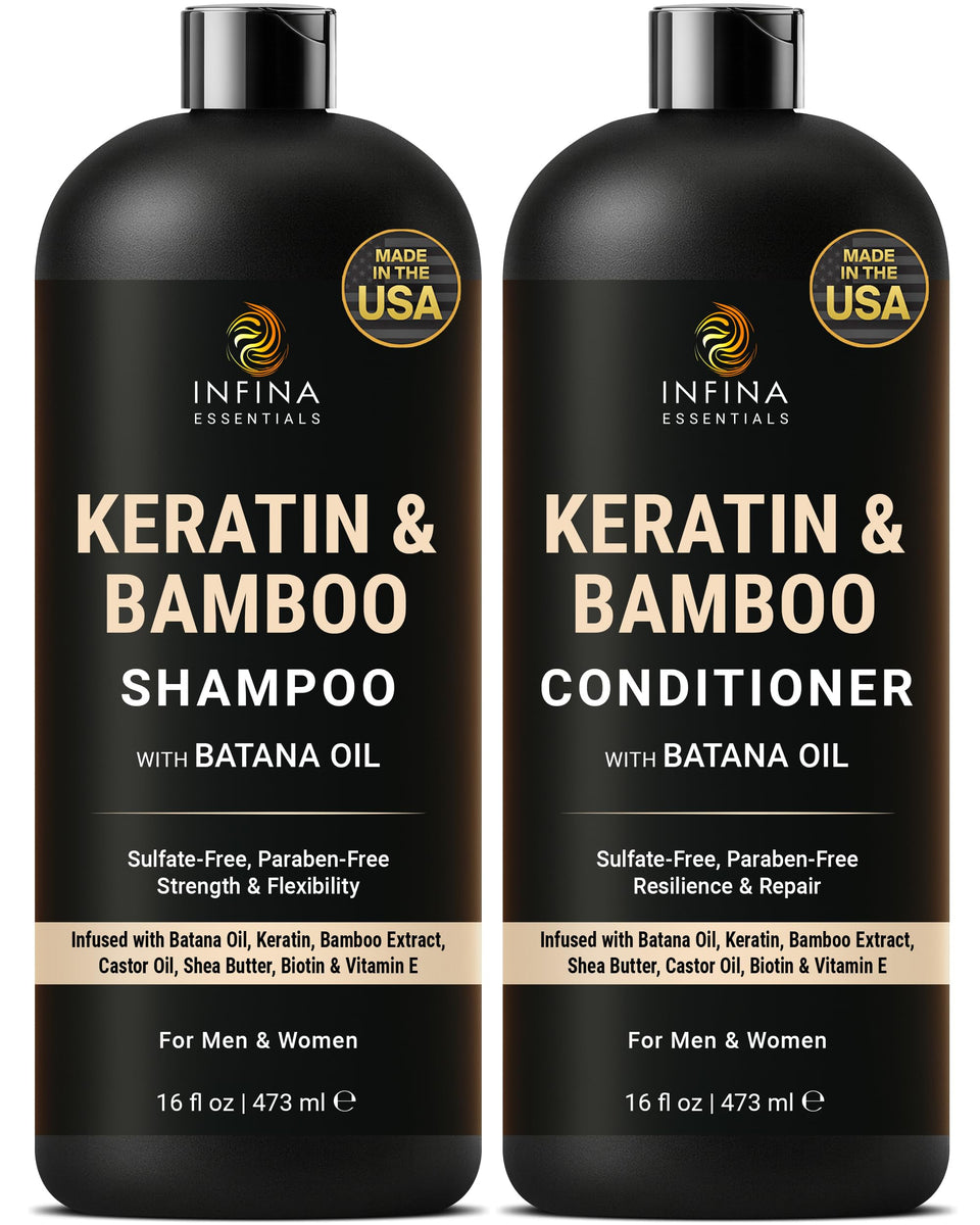 Infina Essentials Keratin Shampoo bottle front showing frizz-control formula for smoother hair.