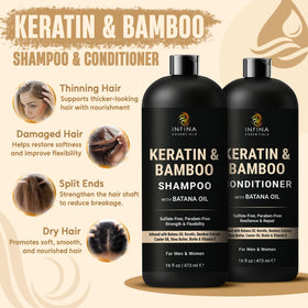 Infina Essentials Keratin Shampoo bottle side highlighting gentle cleanse for roots to tips.