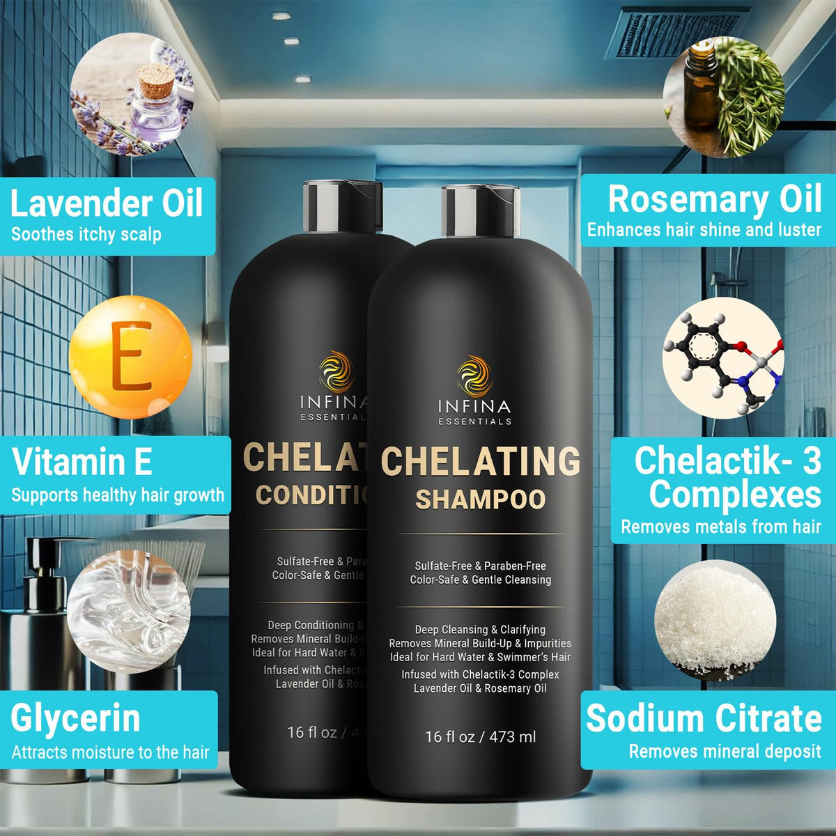 Infina Essentials Metal Detox Conditioner bottle restores moisture after hard water exposure.