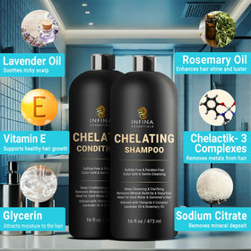 Infina Essentials Metal Detox Conditioner bottle restores moisture after hard water exposure.