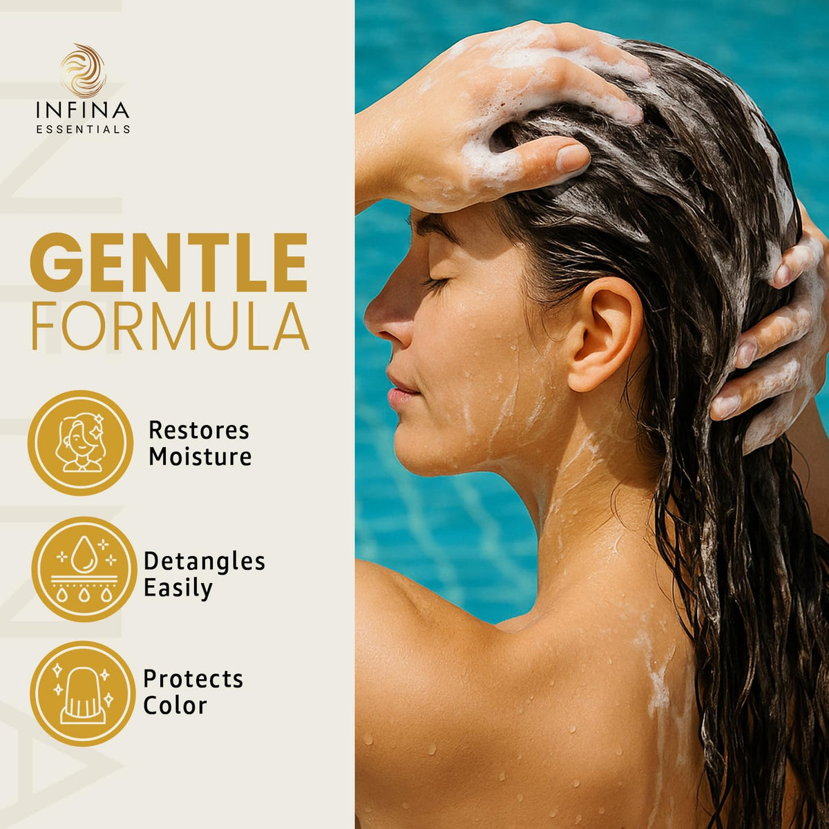 Infina Essentials label highlighting rosemary oil and Vitamin E for scalp nourishment