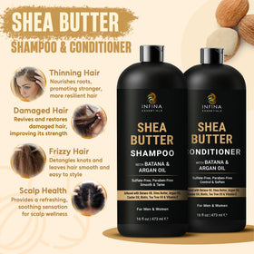 INFINA ESSENTIALS Shea Butter Conditioner tube promoting detangling and frizz control.