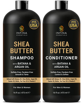 INFINA ESSENTIALS Shea Butter Shampoo bottle emphasizing deep moisture for smooth hair.