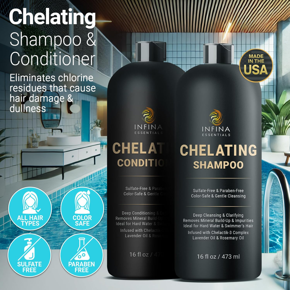 Infina Essentials Swimmers Hair Care setup demonstrates a swimmer-friendly routine for healthier hair.
