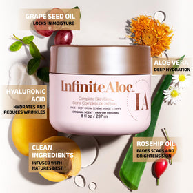 InfiniteAloe Complete Skin Care large jar back view highlighting nourishing ingredients for daily hydration.