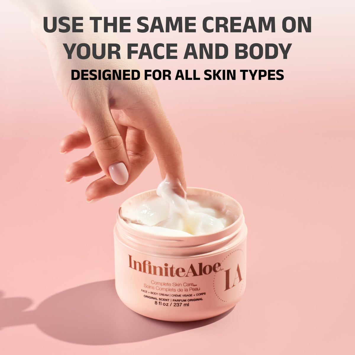 InfiniteAloe skin application hands demonstrating multi area use for face and body.