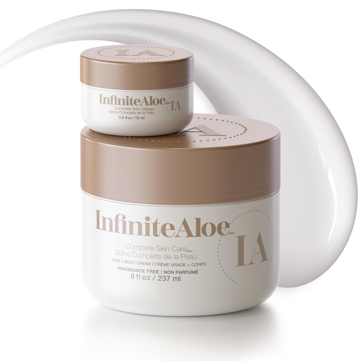 InfiniteAloe complete skin care jar closeup, fragrance-free moisturizer for all-day hydration.