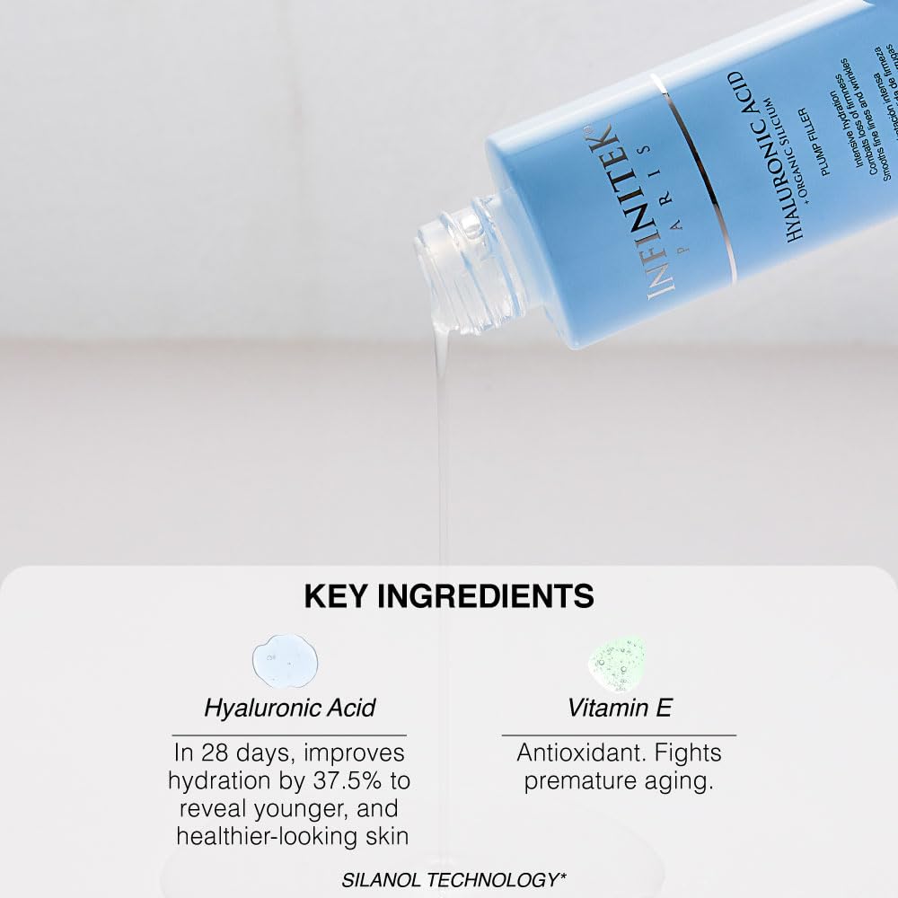 Infinitek Paris Hyaluronic Serum shown on a clean vanity ready for routine.