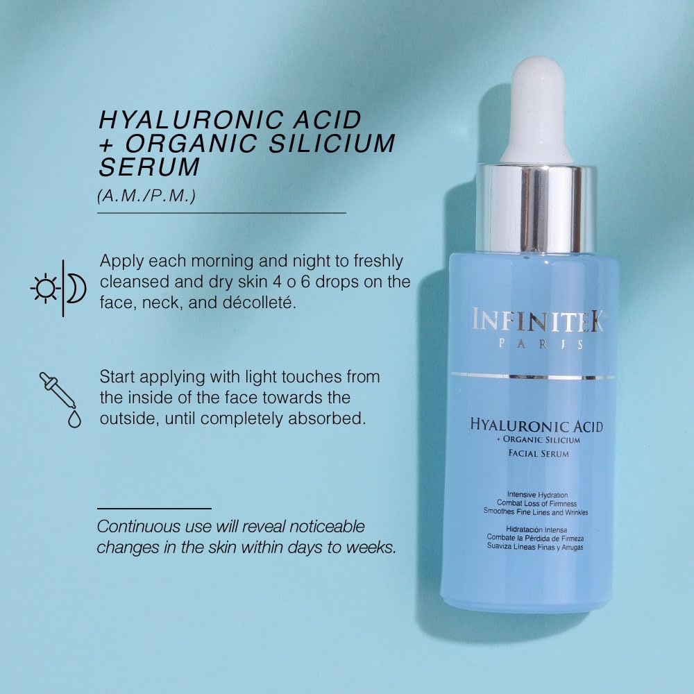 Infinitek Paris Hyaluronic Serum on a morning vanity for a hydration ritual.