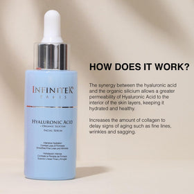 Infinitek Paris Hyaluronic Serum bottle highlights vitamin B5 for conditioning skin.