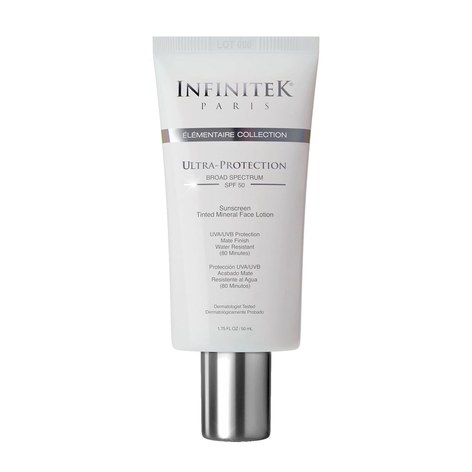Infinitek Paris tinted mineral sunscreen bottle showing daily protection and easy skincare routine