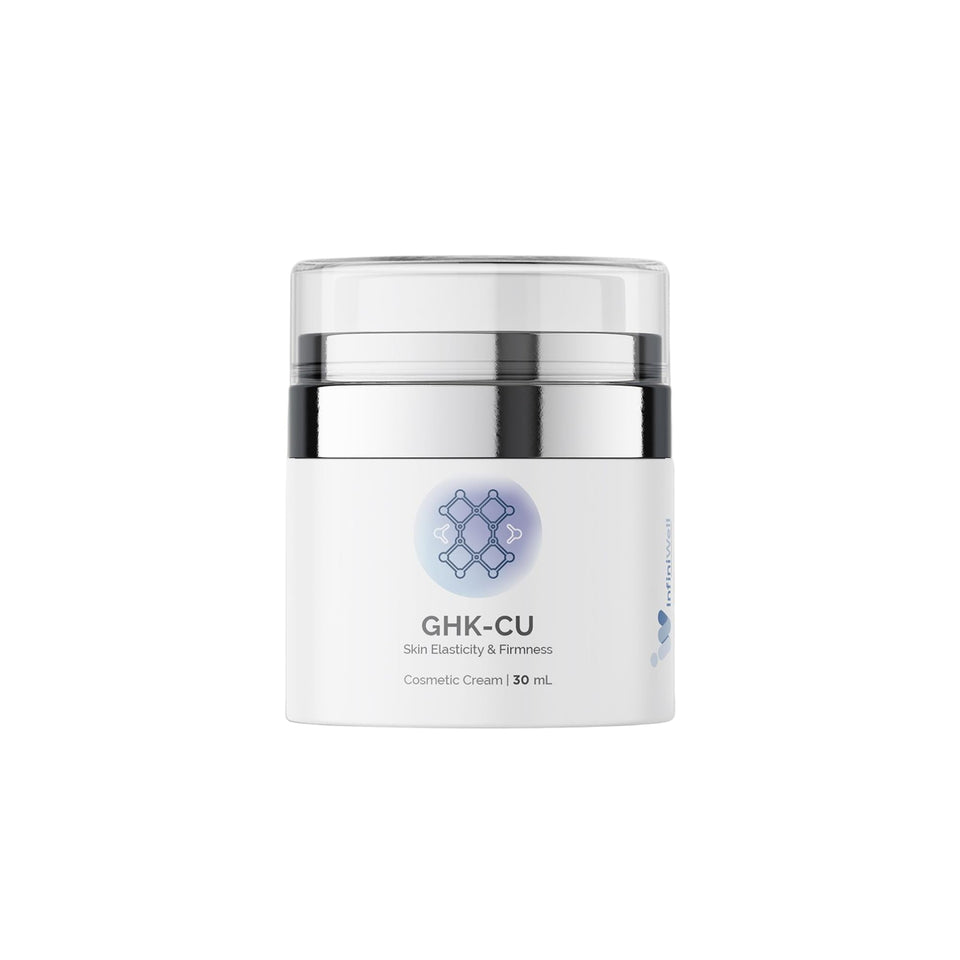 InfiniWell GHK-Cu serum bottle close-up highlighting copper-peptide formula for firmer, smoother skin