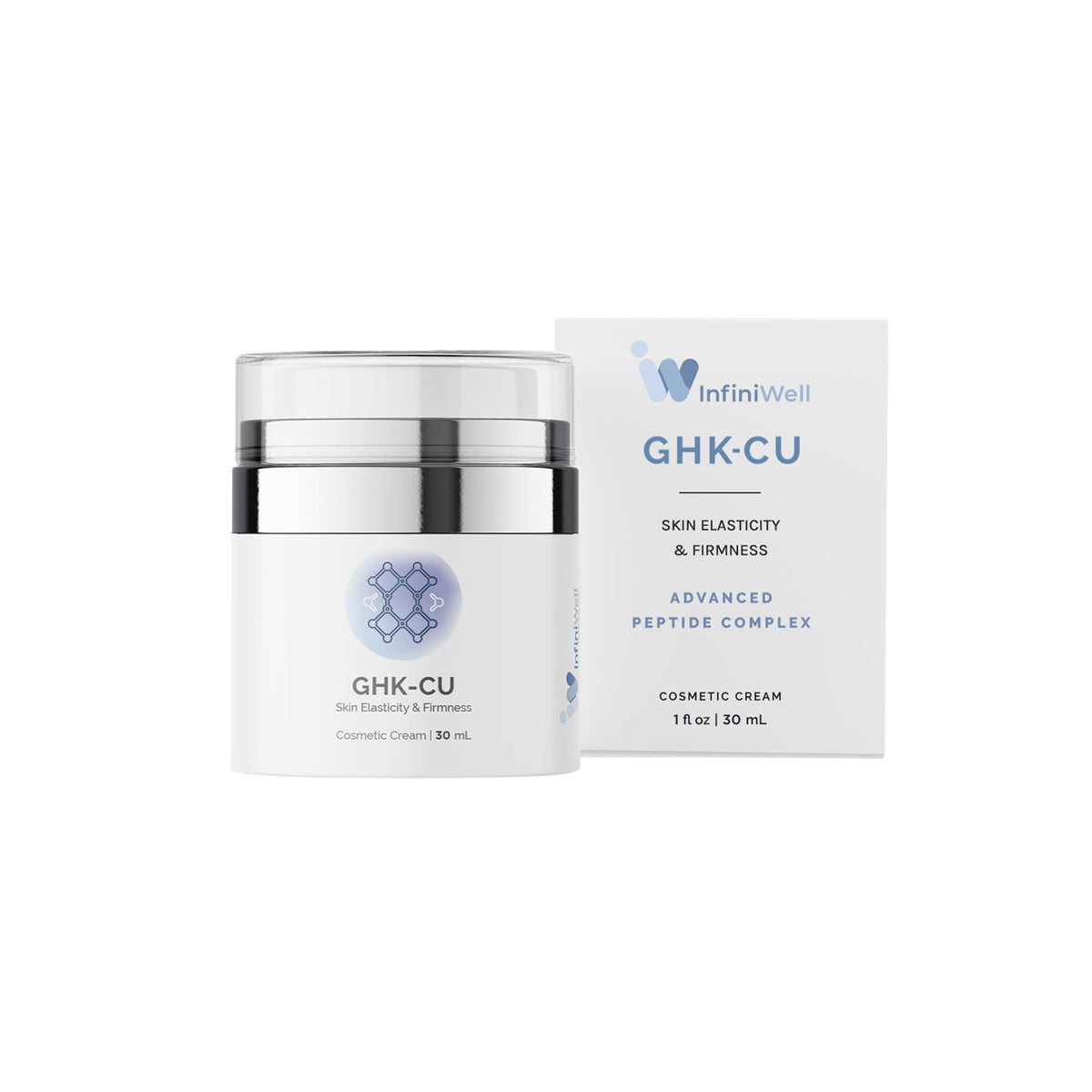 InfiniWell GHK-Cu serum packaging and swatch showcasing hydrating and skin-elasticity benefits