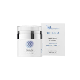 InfiniWell GHK-Cu serum packaging and swatch showcasing hydrating and skin-elasticity benefits