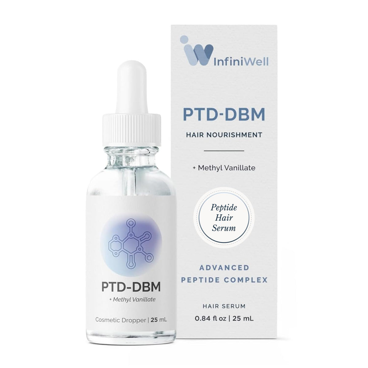 InfiniWell PTD-DBM serum bottle highlighting scalp care benefits