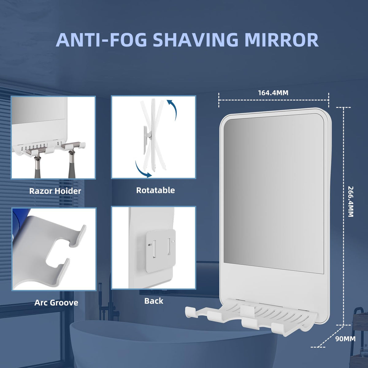 Infitrans Shower Mirror with razor and foam storage keeps grooming tools within reach.